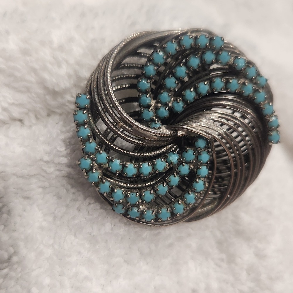 Vintage Silver Tone Swirl Pendant Turquoise Bead Accented Spiral Statement Jewel